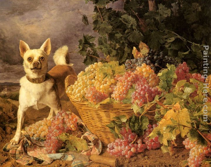 Ferdinand Georg Waldmuller A Dog By A Basket Of Grapes In A Landscape